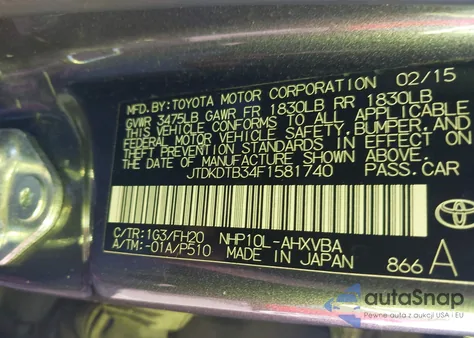 2015 Toyota Prius C One z USA, uszkodzony, nr VIN JTDKDTB34F1581740